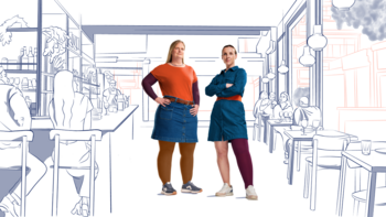 Unsere JOBST-Markenbotschafterinnen tragen JOBST Confidence-Kompressionsstrümpfe - eine mit Lipödem und die andere mit Lymphödem. Unsere Markenbotschafterinnen sind vor dem illustrierten Hintergrund eines Cafés zu sehen und werden von Menschen angestarrt.